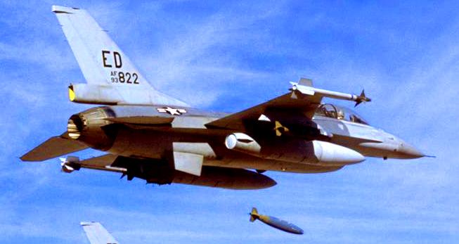 An F-16 pickles a bomb.